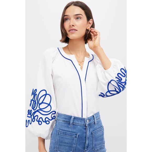 Tuckernuck Tops - HYACINTH HOUSE White & Royal Blue Soutache Stella Blouse Size L NWT